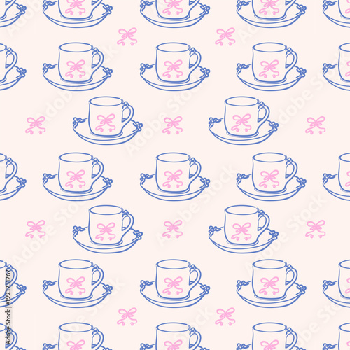 Hand drawn teacup and saucer with bow seamless pattern. Vector line art illustration of ceramic cup for tea party, cafe menu, or cozy home interior design.