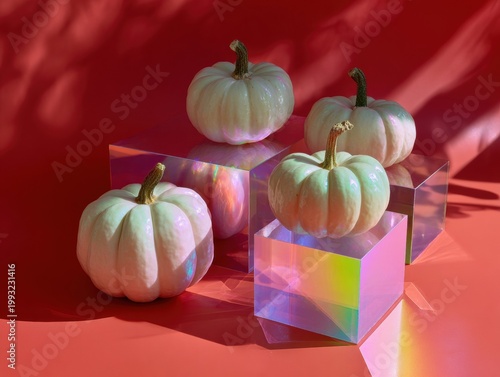 A quartet of small pumpkins displayed on reflective cubes against a vibrant red background. Fall aesthetic.
