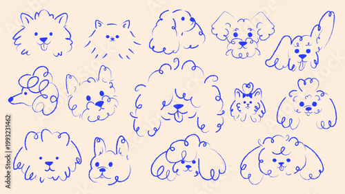 Hand drawn dog faces set in minimal crayon line style. Collection of whimsical puppy head sketches. Suitable for stickers, branding, pet design and children projects.