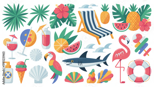A colorful vector graphic illustration of various summer icons and objects on transparent background