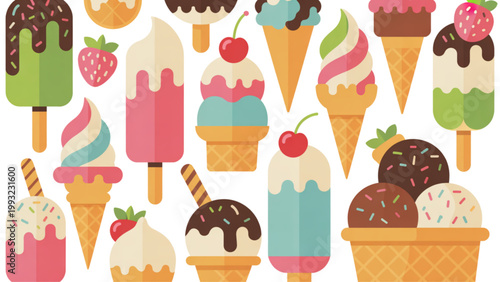 A colorful illustration of various ice cream cones and popsicles on transparent background