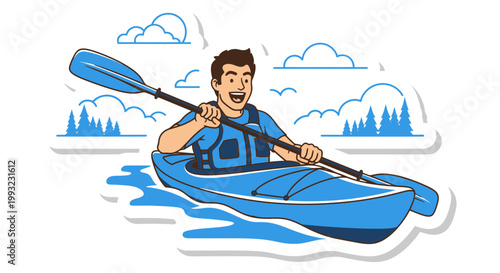 Flat design vector illustration of happy person paddling canoe on water during sunny outdoor lifestyle activity with bright mood