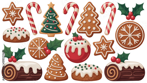 A colorful illustration of Christmas cookies and treats on transparent background