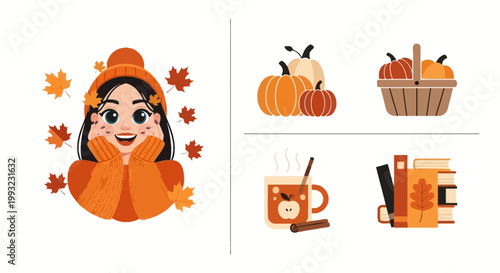 Flat design vector illustration of autumn woman enjoying warm drink near harvest pumpkins with cozy lifestyle mood