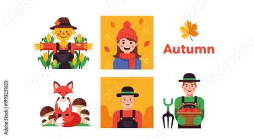 Flat design vector illustration of autumn season harvest celebration featuring cute characters enjoying fall activities in a vibrant outdoor setting
