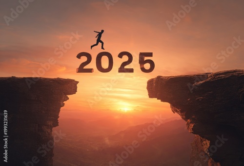 A figure leaps across '2025' spanning cliffs at sunset, symbolizing ambition and future aspirations.