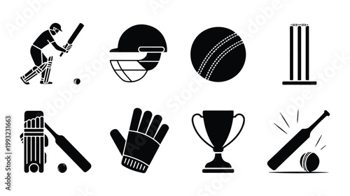 A collection of cricket icons featuring a player, helmet, ball, wicket, bats, gloves, and trophy
