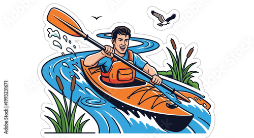 Man paddling kayak on water during sunny outdoor recreation lifestyle activity with vibrant energy