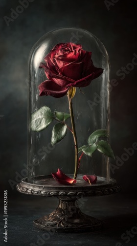 Enchanting deep red rose, preserved under a glass dome, on an ornate stand, symbolizing enduring beauty.