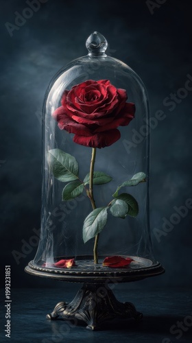 A single, vibrant red rose, preserved under glass, evokes timeless beauty and fragile memories.