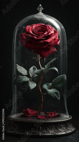 Enchanting red rose, preserved in a glass dome, symbolizes eternal beauty and timeless elegance.
