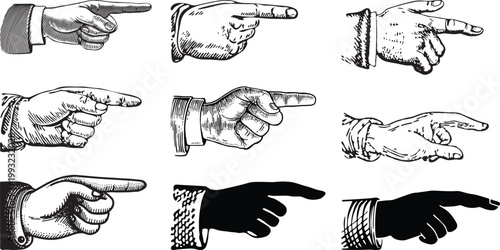 Foto Vintage pointing hands engraving style vector set