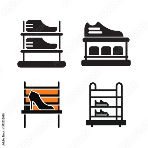 Four black and orange shoe rack icons with various shoes on them for organizing footwear in closets or storage spaces for men and women  shoe organizers