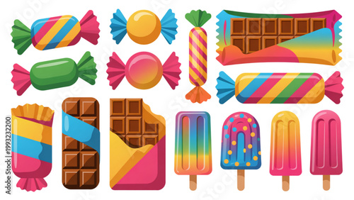 A colorful vector graphic of assorted candies and ice cream bars on transparent background