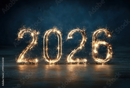 Sparkling '2026' lights up the scene, promising a bright future with its festive, golden glow.