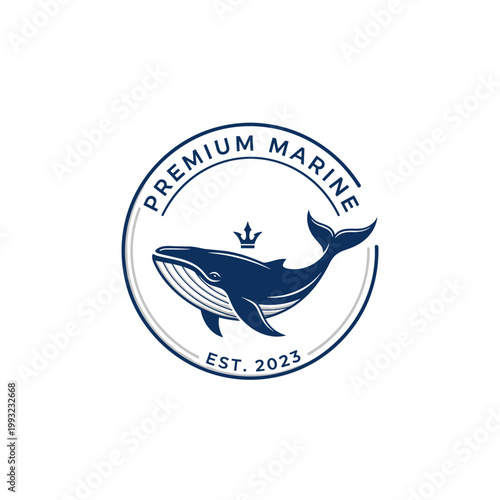 Whale logo with crown in a circular emblem for a premium marine brand established 2023