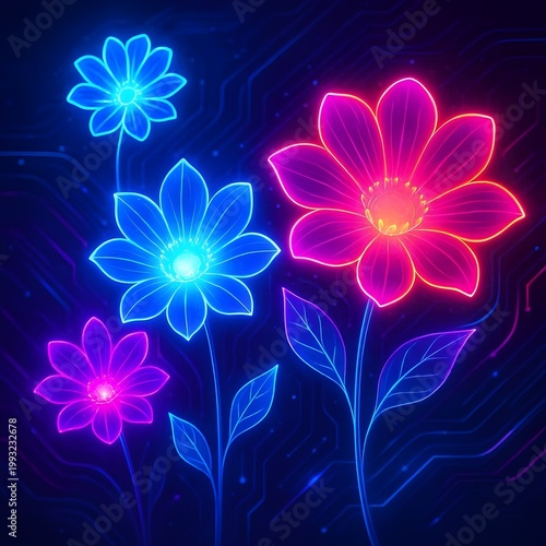 Futuristic Neon Glowing Flowers with Digital Circuit Board Lines on Dark Blue Cyberpunk Background

