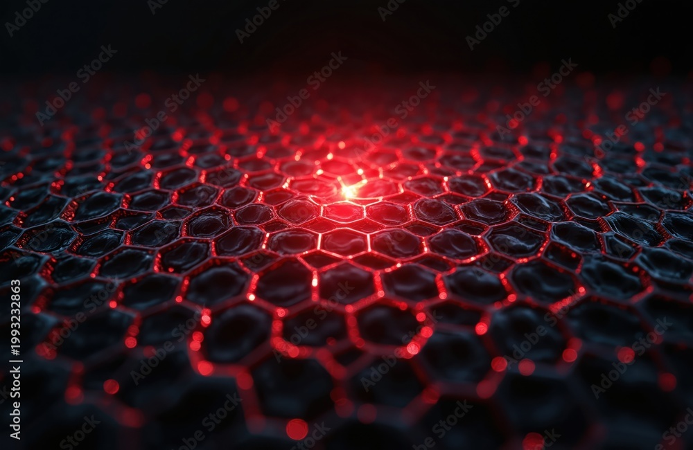 Fototapeta premium Close-up view of glowing red hexagonal pattern. Dark background with sharp geometric shapes, intricate honeycomb structure. Abstract digital art texture.