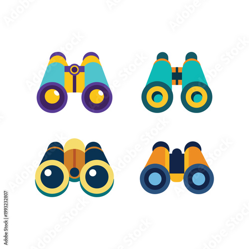 Four colorful binoculars icons in different styles and colors for observation and exploration purposes  various designs