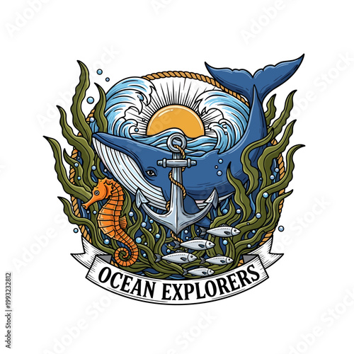Whale, seahorse, fish, and anchor nautical emblem with Ocean Explorers banner