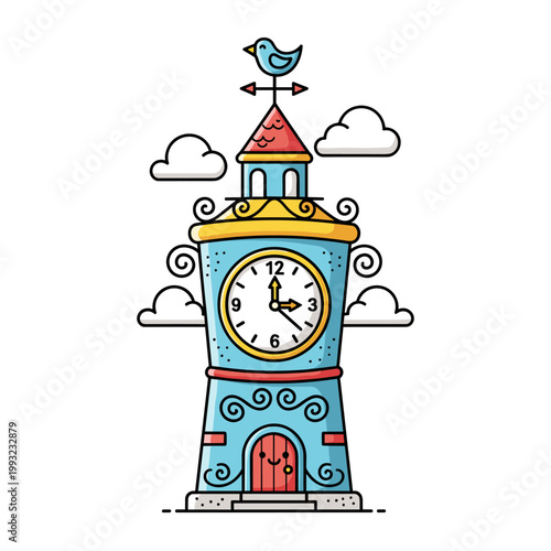 Whimsical cartoon clock tower with a bird weathervane and clouds on a white background