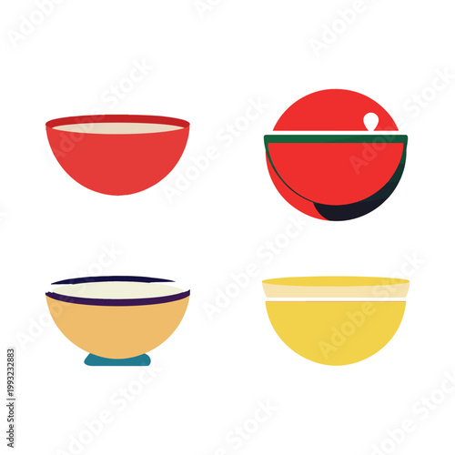 Four colorful bowls on white background  red bowl  yellow bowls  ceramic bowls