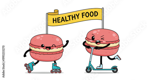 Two pink macaron characters are having fun on roller skates and a kick scooter under a yellow banner that says healthy food.