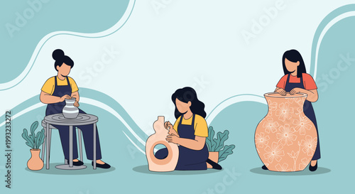 Group of three women artists are working together in a pottery studio creating various ceramic vessels on a soft green background.