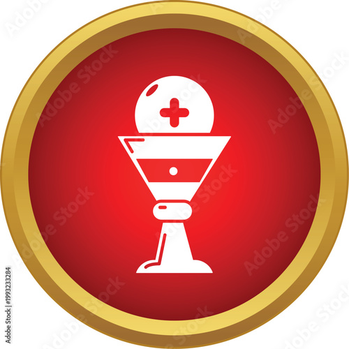 Chalice and host representing christian eucharist on a red background with golden frame