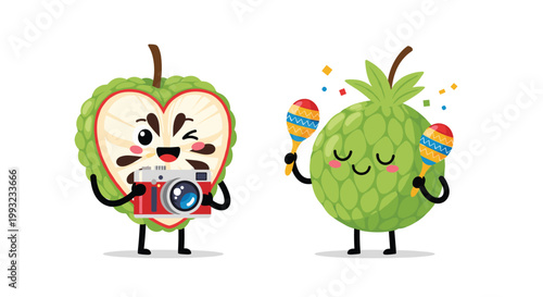 Two green custard apple characters are enjoying themselves, one taking a photo and the other playing maracas with joy.