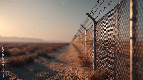 Barbed wire fence stretching across desert landscape at sunset