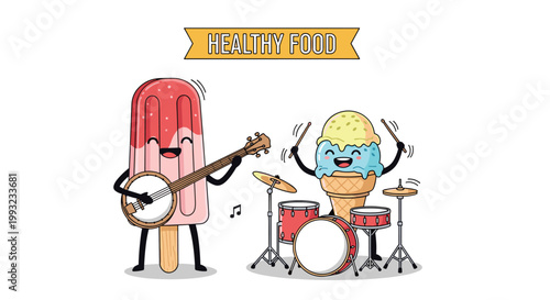 Sugar apple character holding a vintage camera takes a picture of another one playing maracas in a festive celebration.