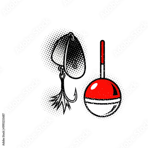 Fishing Lure and Bobber, Fishing Gear Isolated on White, Retro Style