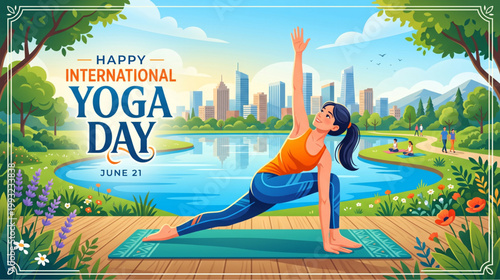 Yoga fitness woman practicing pose in city park near lake with skyline view celebrating international yoga day healthy lifestyle concept for banner design