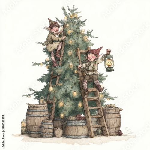 Two elves atop ladders are adorning a Christmas tree with lights, surrounded by barrels and a lantern.