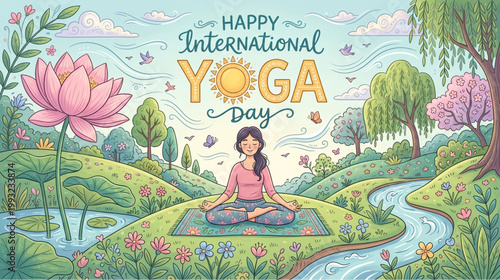 Happy international yoga day illustration with woman meditating in nature landscape with lotus river and flowers peaceful wellness concept for poster design