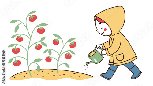 Child in yellow raincoat watering tomato plants in flat illustration style, gardening and growth concept