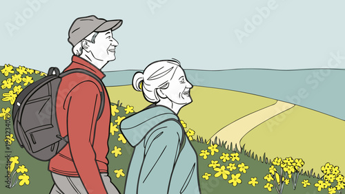 Couple walking along coastal path with backpacks in flat illustration style, travel and hiking adventure concept