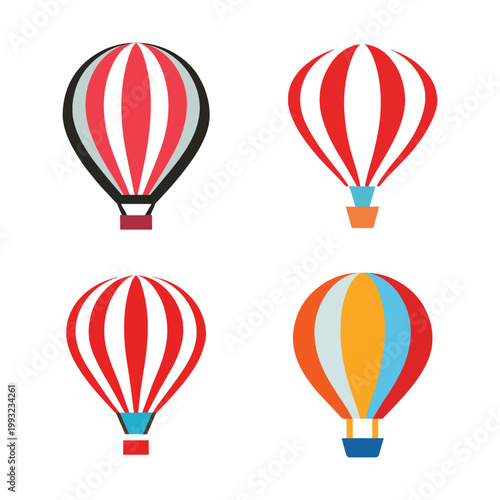 Four colorful hot air balloons with different designs and patterns floating in the air  recreational transportation vehicles