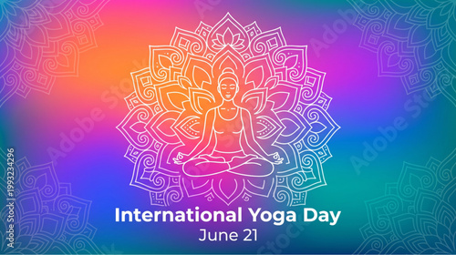 Vibrant gradient meditation mandala art with spiritual silhouette expressing mindfulness energy and international yoga day theme for wellness banner design