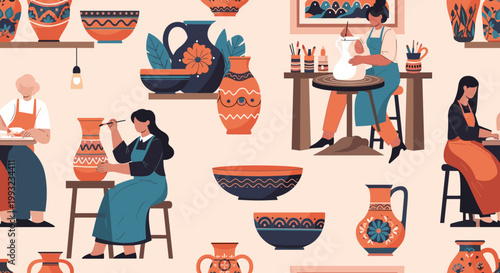 Artistic seamless pattern features focused potters at work and various handmade ceramic vases, bowls, and jars in warm earthy color tones.