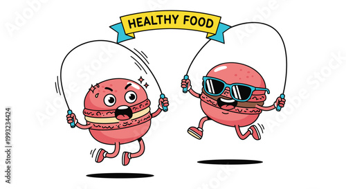Two energetic pink macaron characters are skipping rope under a bright healthy food banner for a fun and active fitness session outdoors.