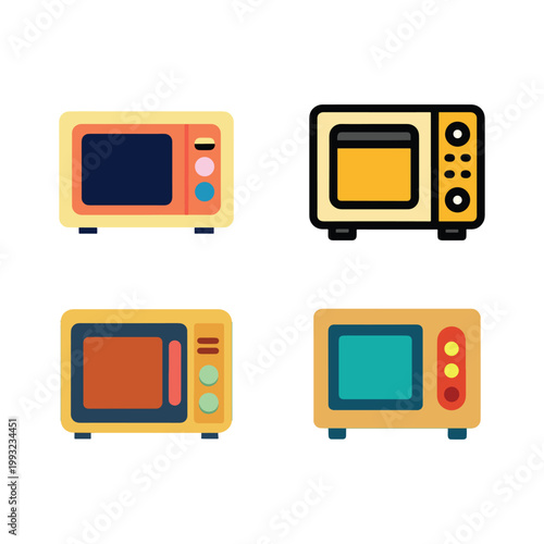 Four colorful microwave ovens with different designs and controls on white background  household appliances