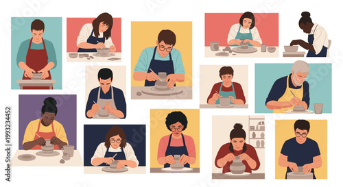 Diverse group of passionate men and women are engaged in different stages of professional pottery making in their creative studio spaces.