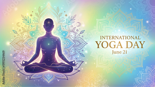 Meditation yoga silhouette glowing with chakra energy in colorful mandala background for wellness design celebrating international yoga day spiritual harmony concept