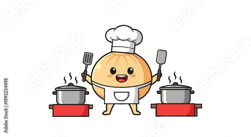 Adorable bun character mascot wearing a white chef hat and apron is busy cooking delicious food in two large metal pots on a red surface.