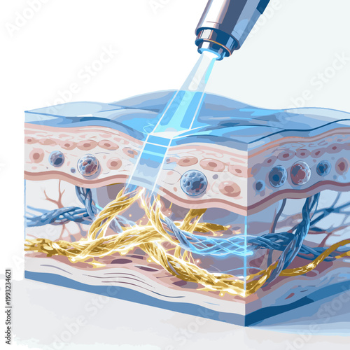 Isolated a realistic Haifa laser treatment shot through skin cell to SMAS layer to revitalize collagen and elastin under skin. wrinkle treatment by laser concept. 3D rendering. vector art .