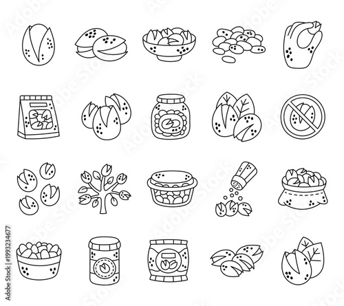 Pistachio nut set in outline line art featuring snack food variety with shell peeled bowl jar package hand tree storage container