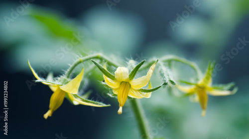 Yellow Tomato Flowers in Full Bloom Closeup with Copy Space on Green Background
