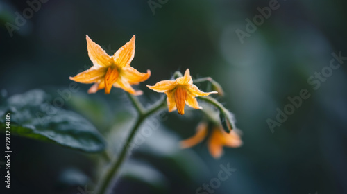 Yellow Tomato Flowers in Full Bloom Closeup with Copy Space on Green Background